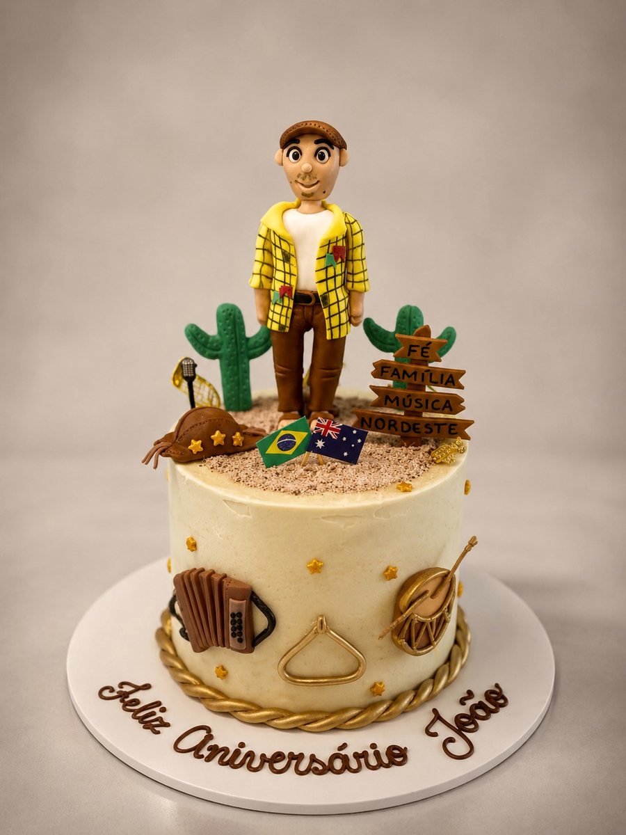 Birthday cake with a hand-modelled figure and Brazilian and Australian flags