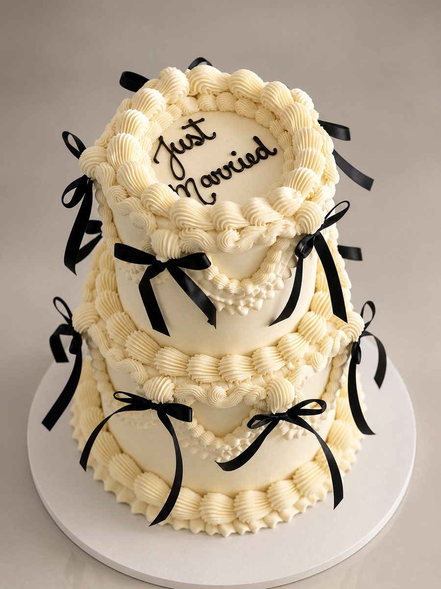 Two-tier vintage piped wedding cake with black ribbon bows