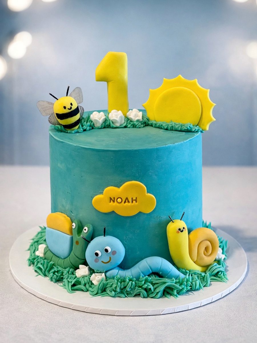 First birthday cake with hand-modelled garden creatures