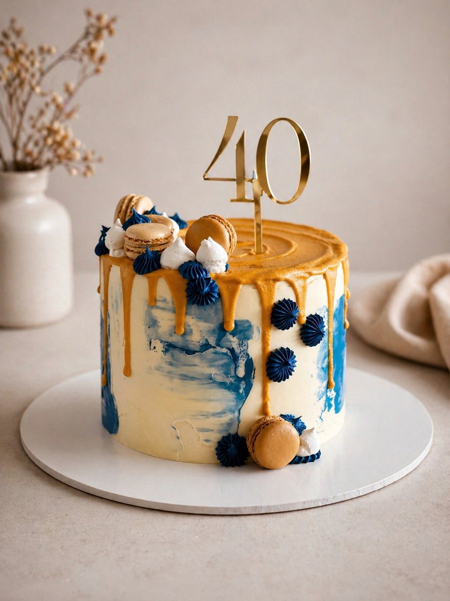 Fortieth birthday cake with gold drip, macarons and a gold number topper