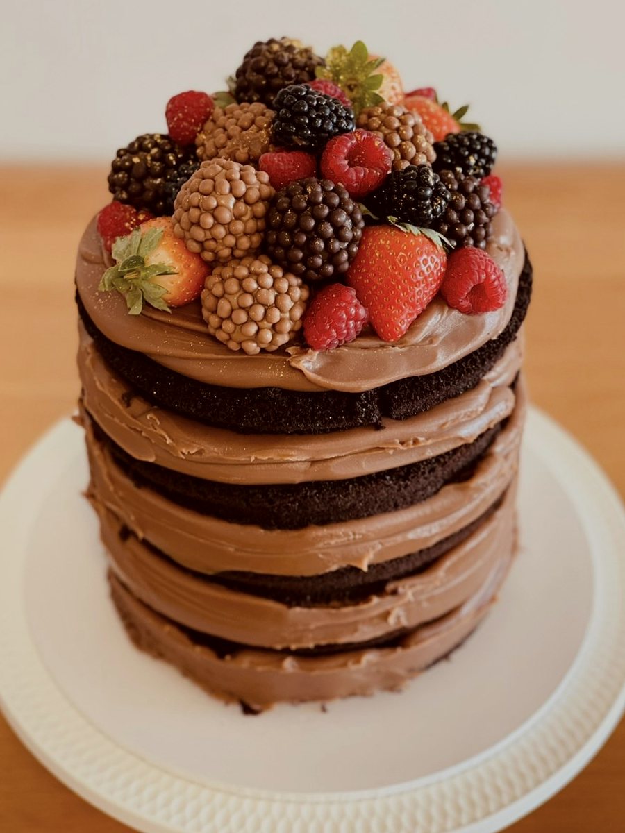 Chocolate naked cake with fresh berries