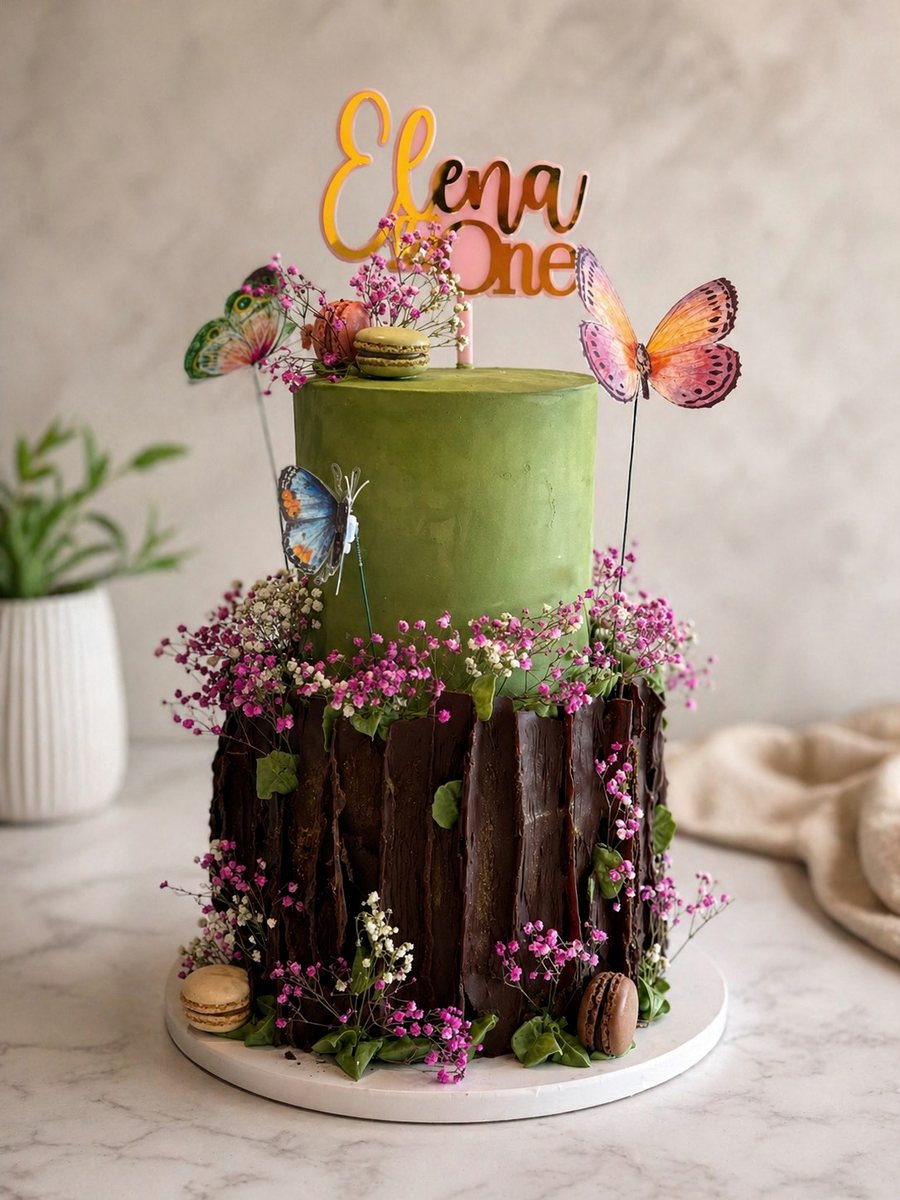 First birthday cake with a green top tier, dried flowers and butterflies